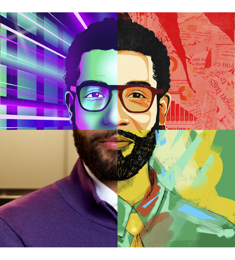 ภาพบุคคลของชายคนหนึ่งที่แบ่งออกเป็นสี่ส่วนประกอบด้วย
              เวอร์ชันภาพวาดของเขา