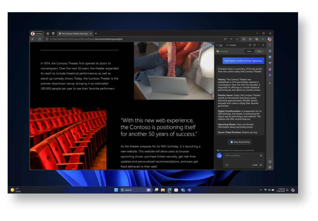 หน้าจอโฮมของ Windows พร้อมด้วยเอกสาร PDF ที่เปิดอยู่และแท็บ Copilot ที่เปิดอยู่ทางด้านขวาที่กำลังสรุปเอกสาร
