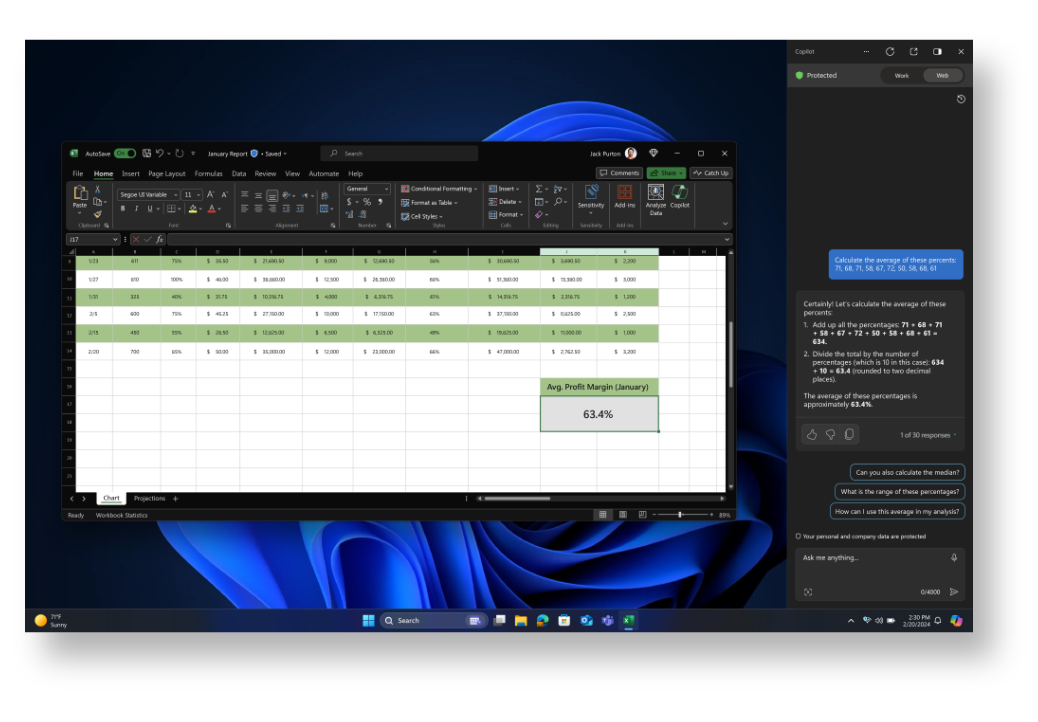 หน้าจอโฮมของ Windows ที่มีเอกสาร Excel เปิดอยู่และแท็บ Copilot