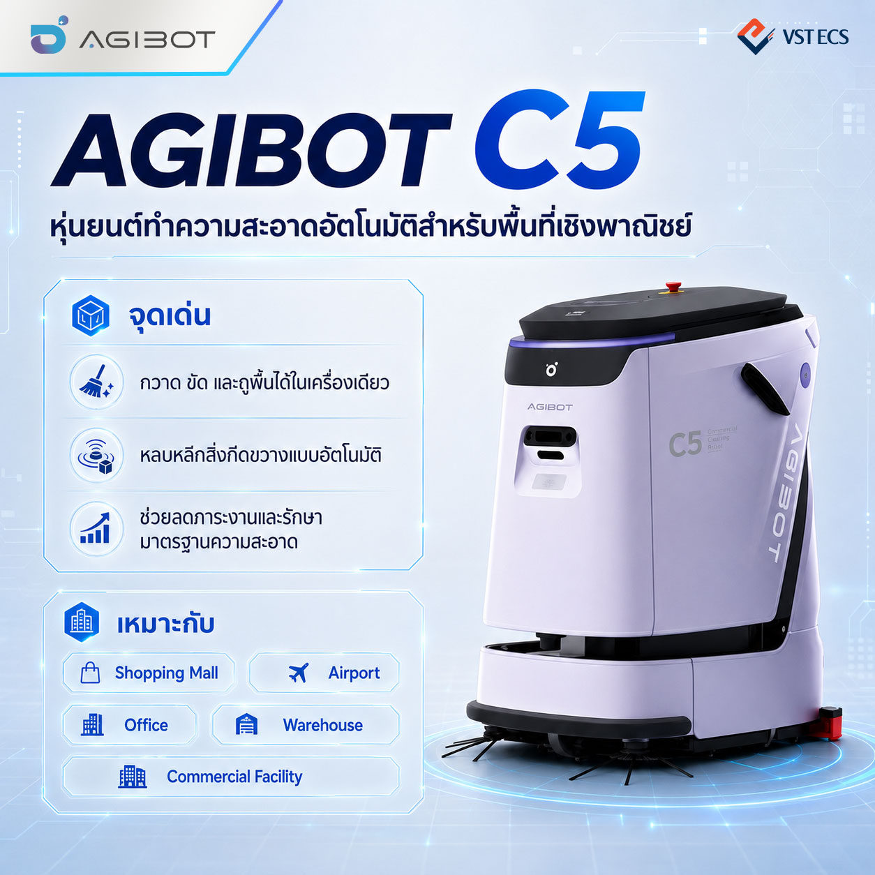 AGIBOT C5 หุ่นยนต์ทำความสะอาดอัตโนมัติสำหรับพื้นที่เชิงพาณิชย์